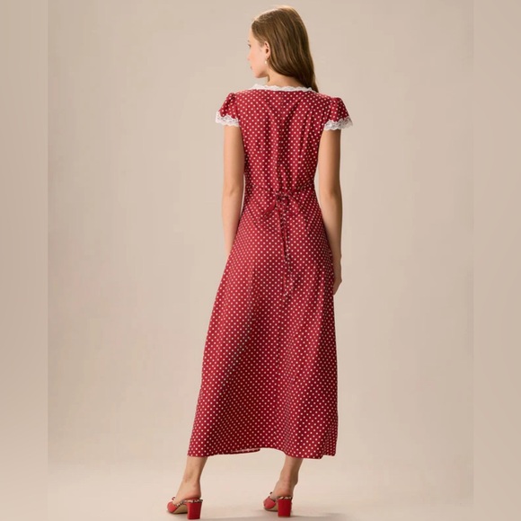 NWT RIHOAS The Red V Neck Polka Dot Lace Ruched Maxi Dress Sz XS - Picture 4 of 5